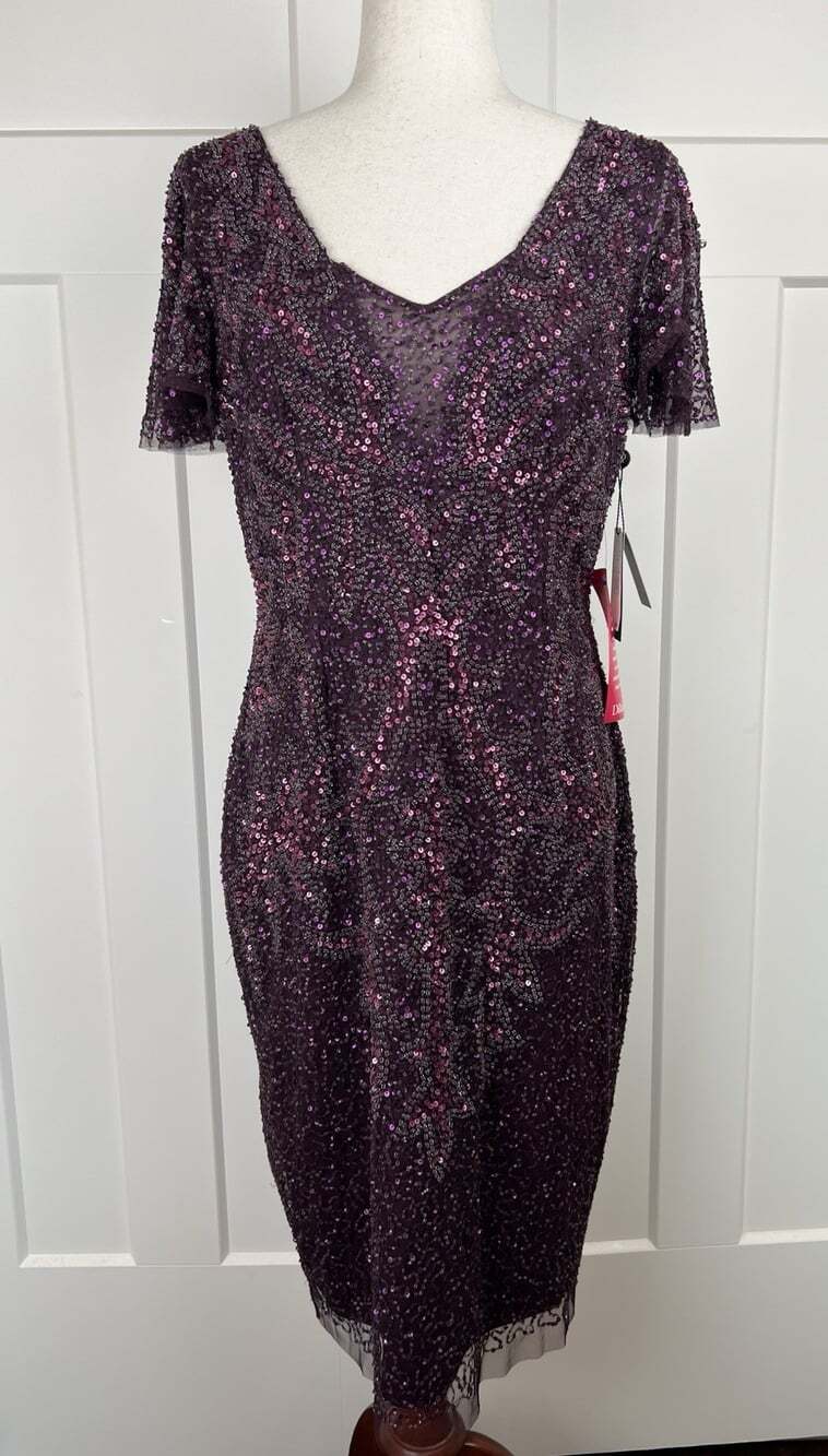 NWT Adrianna Papell Night Plum Beaded Sequin Sheath Dress Size 10 $259